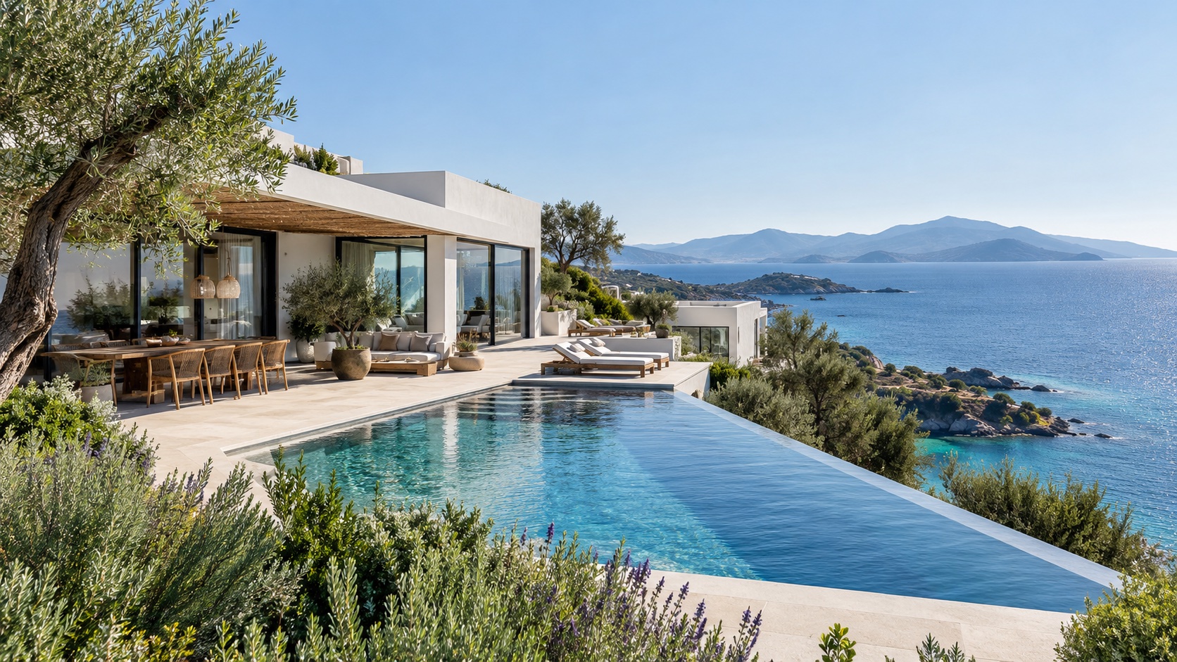 A contemporary white coastal home opens onto a pool and an expansive Mediterranean sea view; illustrative photograph