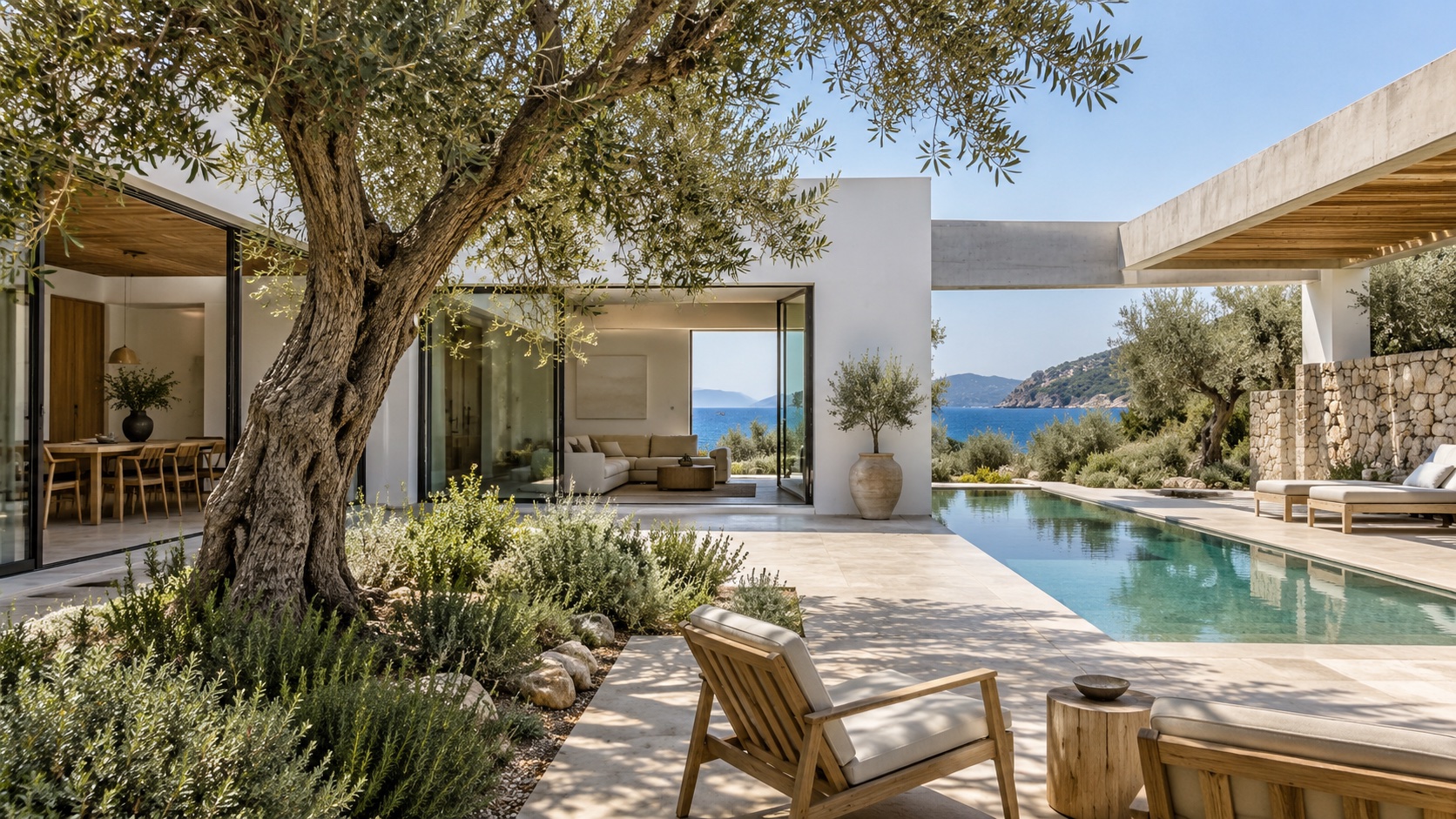 A modern Mediterranean courtyard home with white volumes, an olive tree and a private pool; illustrative photograph