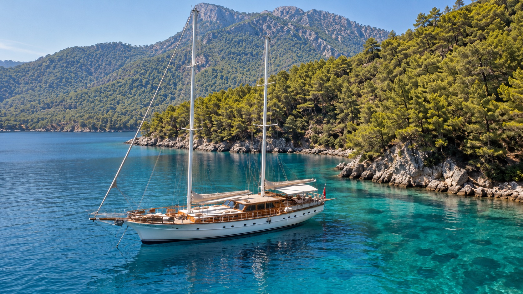An elegant wooden gulet in a calm turquoise bay framed by coastal pines; illustrative photograph