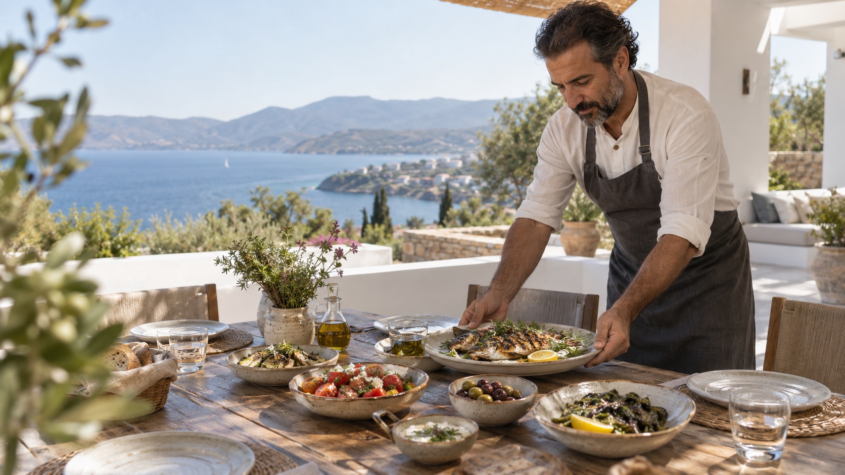 A private chef preparing a seasonal meal on a contemporary coastal terrace; illustrative photograph