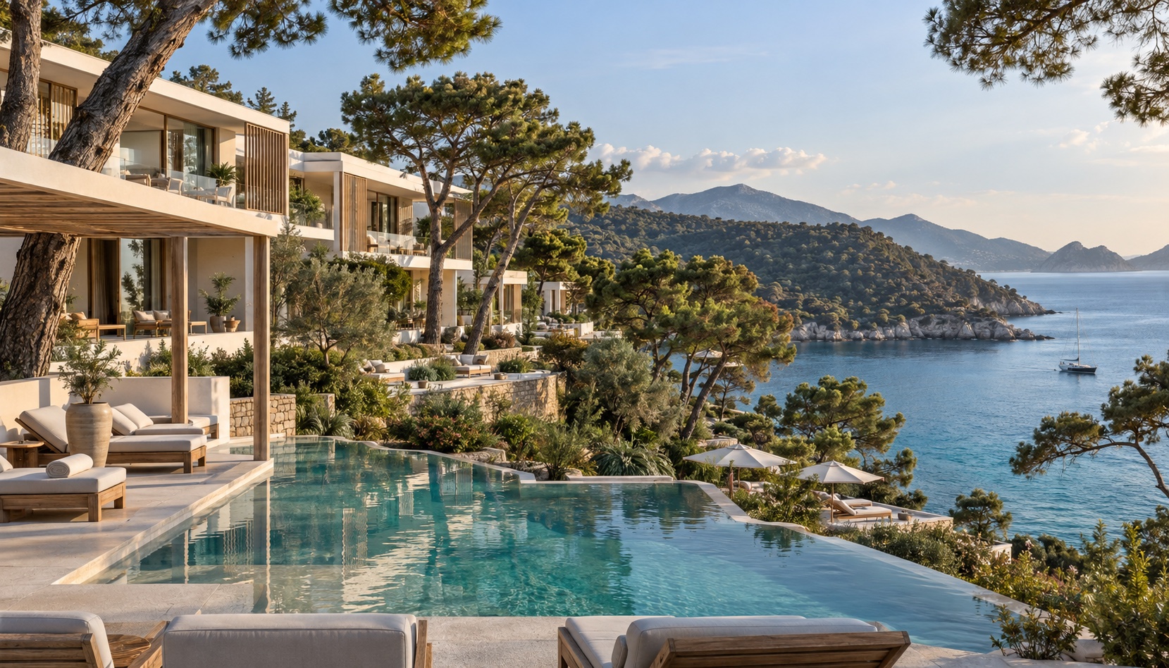 Contemporary white resort terraces among mature pines, overlooking a turquoise Riviera bay; illustrative photograph