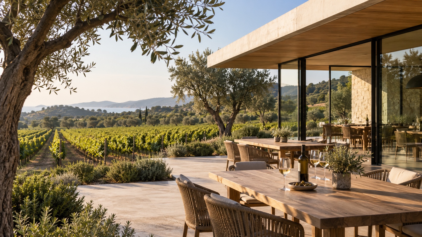 A contemporary glass-fronted winery pavilion beside vineyards and olive trees; illustrative photograph